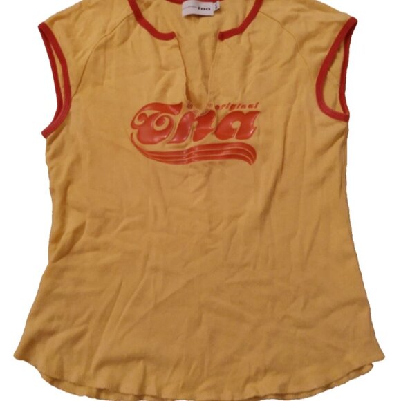 Aritzia Original TNA Shirt M/L Sleeveless Ringer Tee Yellow Red Logo - Picture 8 of 8